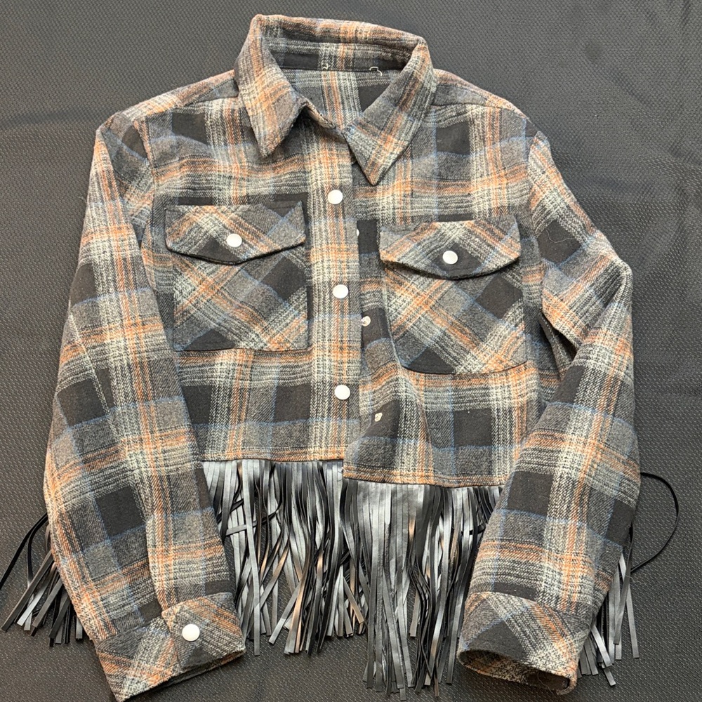 Plaid Fringe Button-Up Jacket